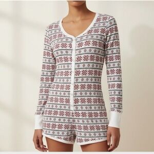 Cosmic Love Thermal Romper Women Large White Burgundy Fair Isle Snowflake Pajama